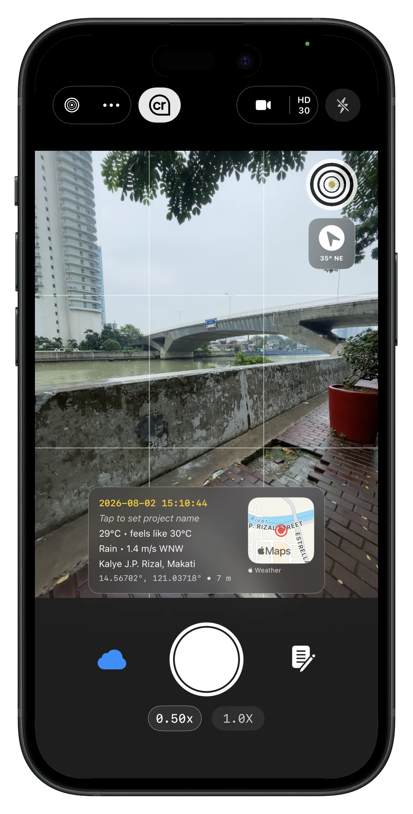 Lens video mode with map, weather, and coordinates overlay on the camera