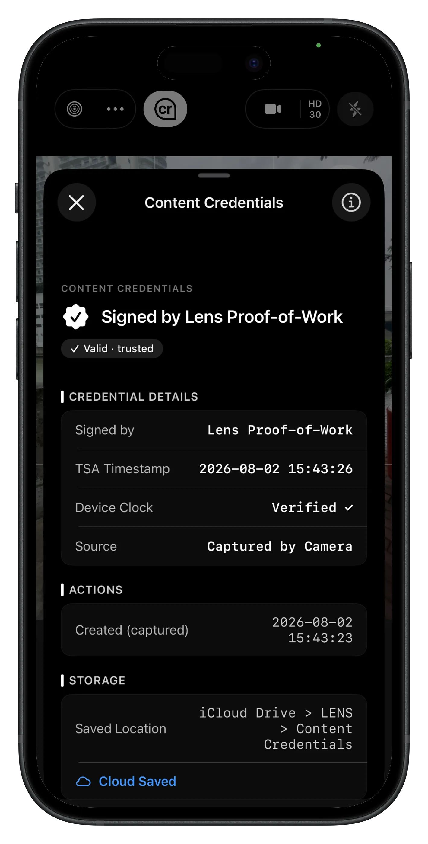 Lens in-camera badge showing Signed by Lens Proof-of-Work, Valid and trusted