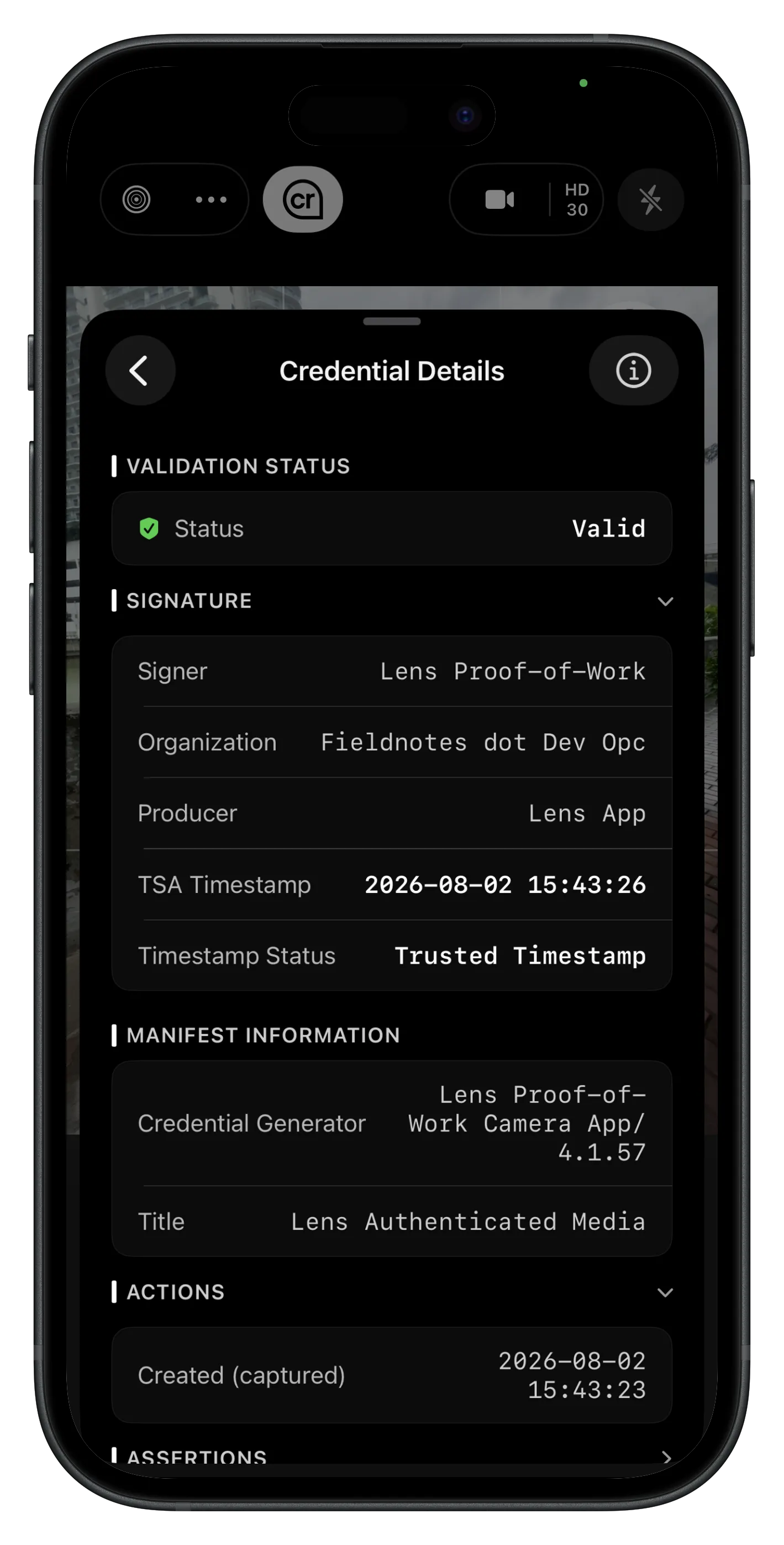 Lens Credential Details screen showing validation status, signer, and manifest information