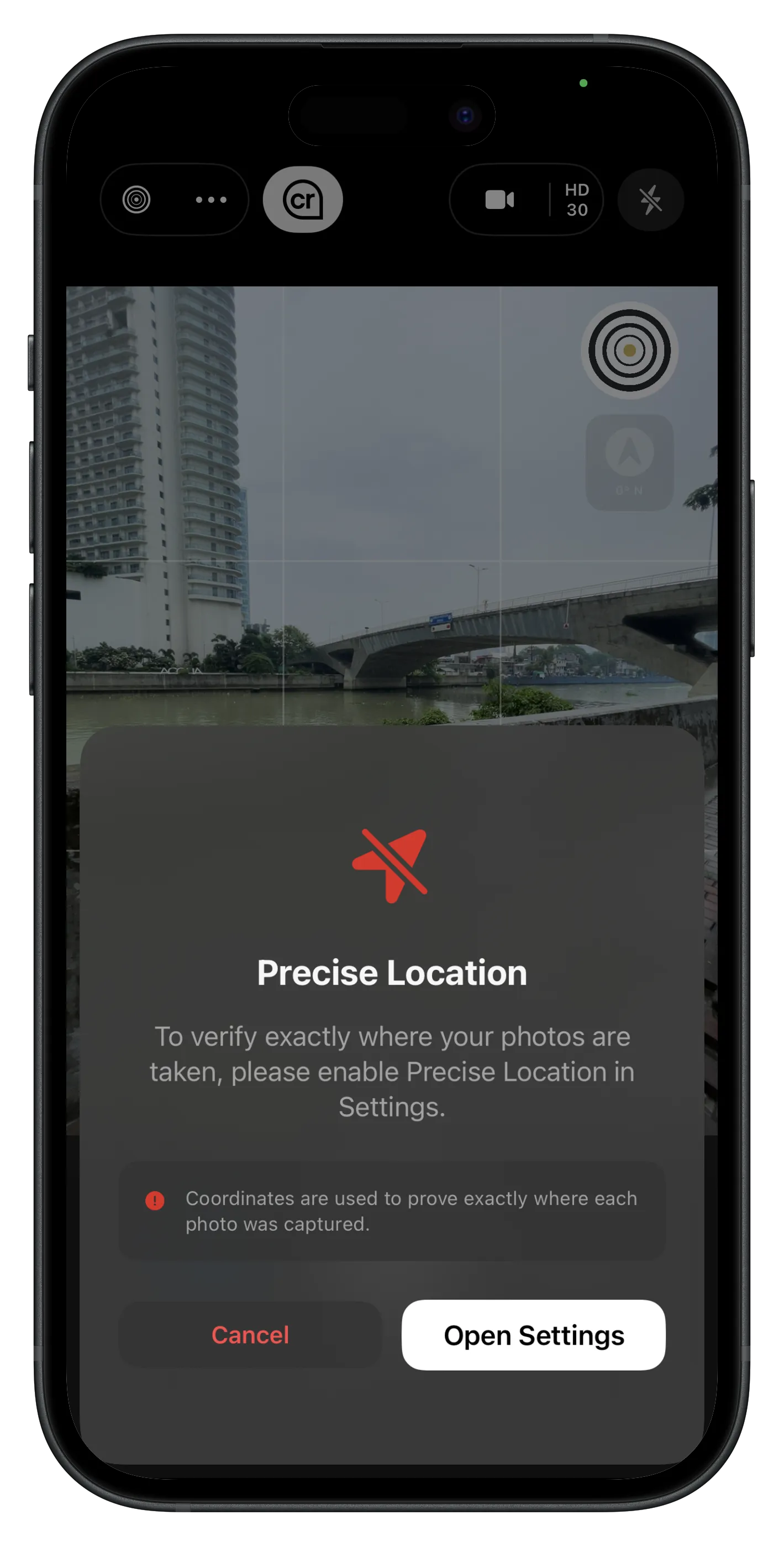 Lens location permission sheet explaining Precise Location is required before capture