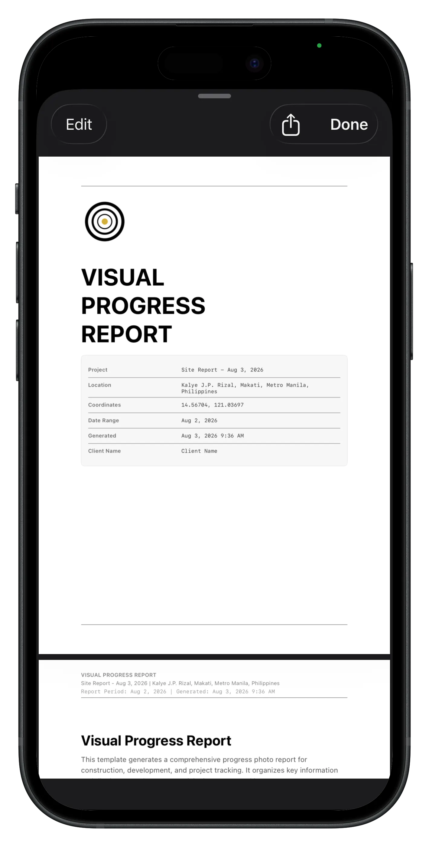 Generated PDF-style field report preview with site photos in Lens