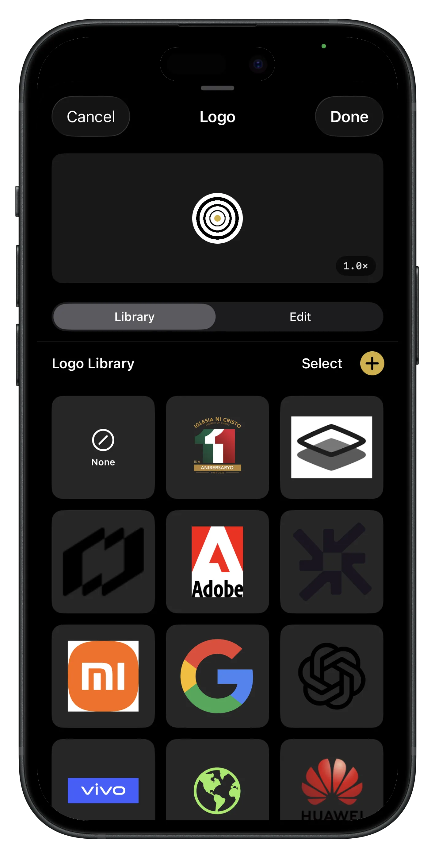 Lens logo library with saved brand marks ready to apply on captures